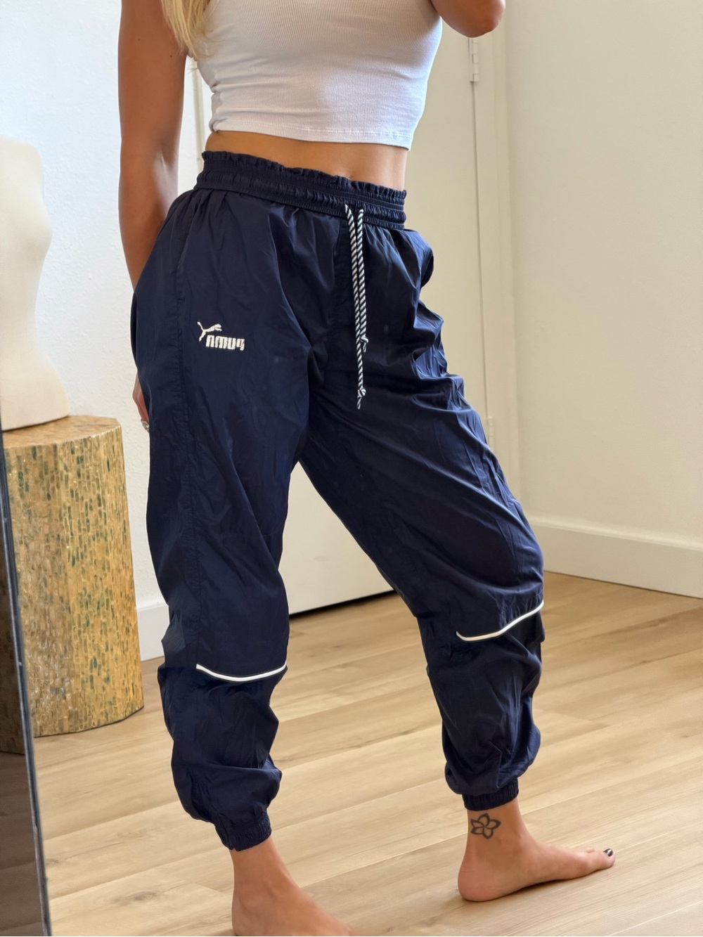 Vintage Puma Navy Nylon Track Pants Y2K Windbreaker Joggers Small